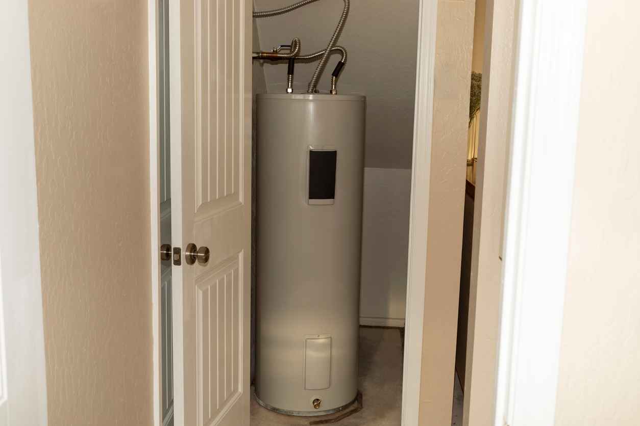 Automatic Storage Water Heater 75 Gal In Storeroom. Modern Electric Boiler, Water Tank in Storehouse In House.